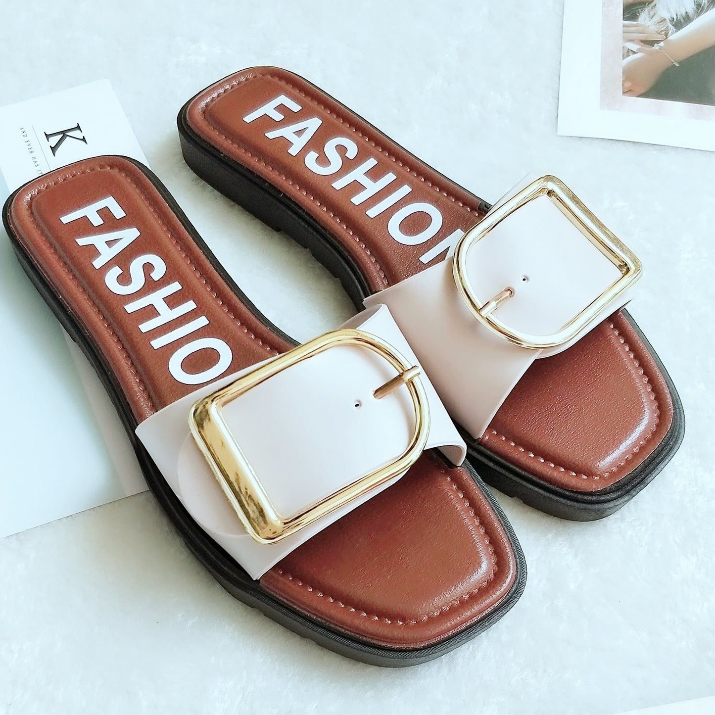 Fashion square buckle sandals and slippers