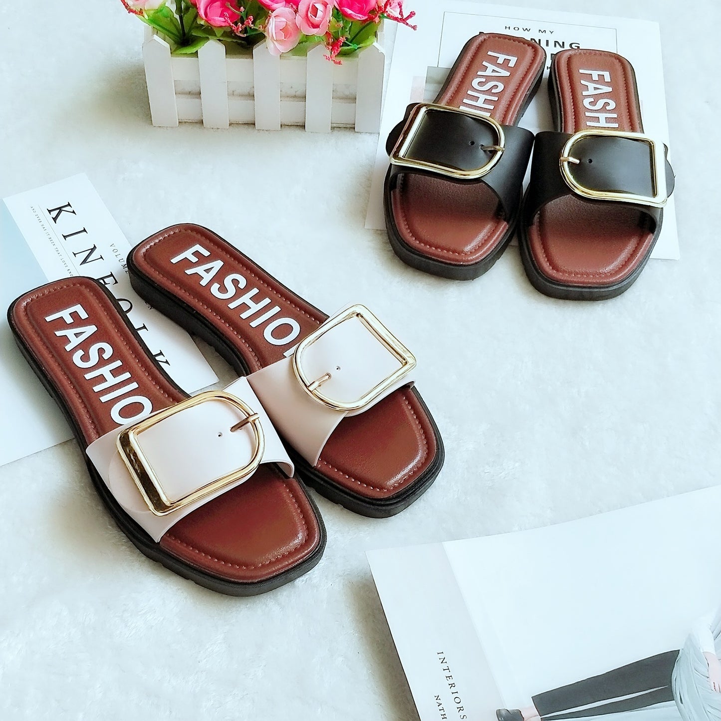 Fashion square buckle sandals and slippers