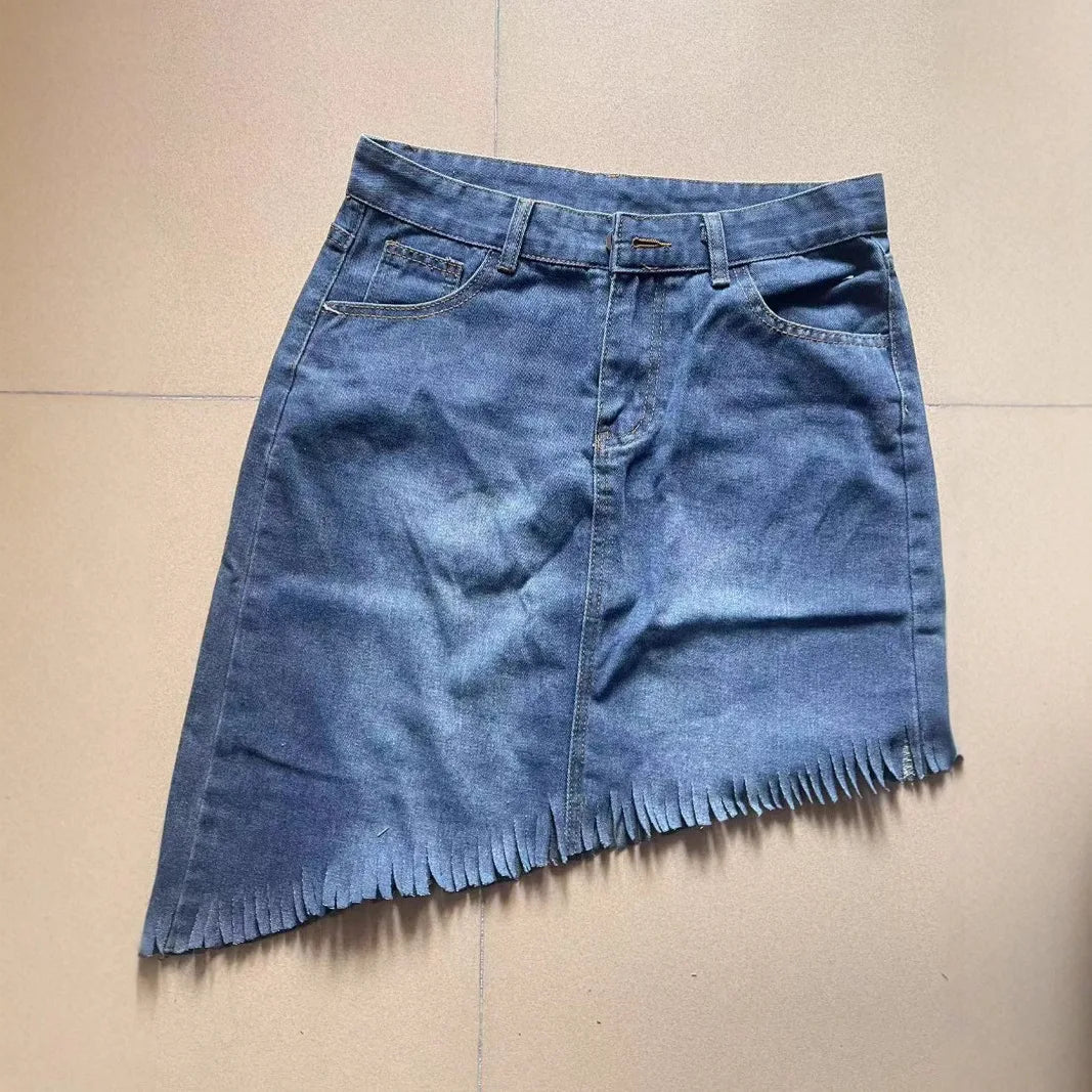 Irregular Fringed Denim Half Body Skirt.New Fashionable and Personalized Distressed A-line Denim Short Skirt for Women in Summer
