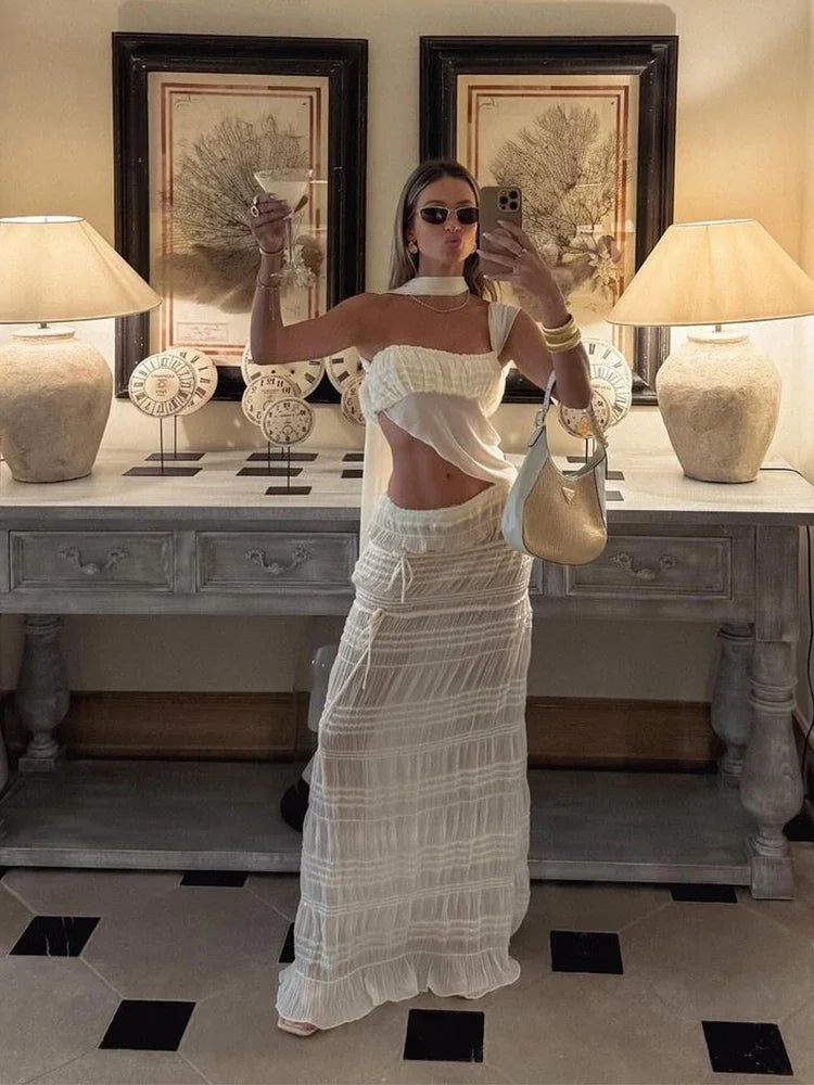 Leosoxs See Through 2 Piece Set Scarf Strapless Top Mesh Irregular Hem + Multi-Pleated Skirt Beach Party Matching Pretty Suits