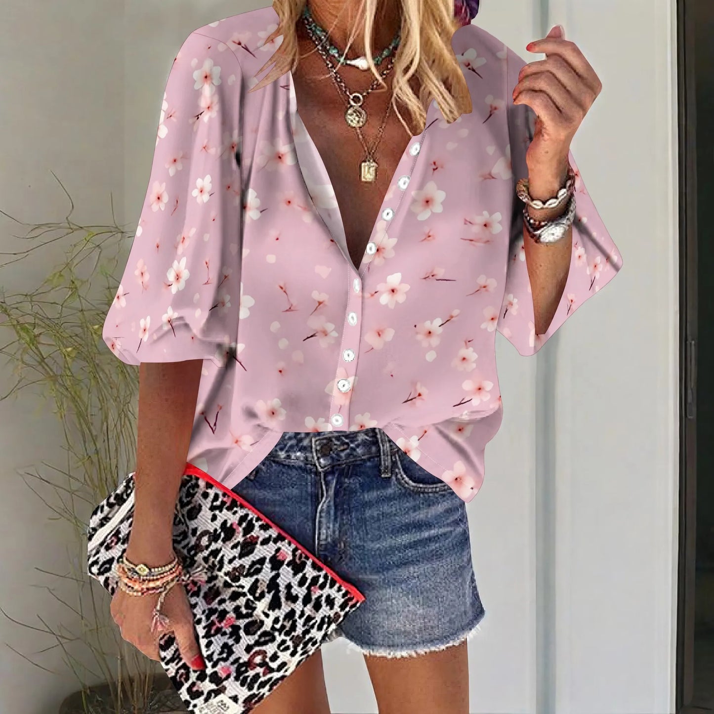 Womens Summer Petite Pink Flower Graphics Blouse Casual Short Sleeve V Neck Shirt Loose Printed Cuffed Sleeve Flower Tops
