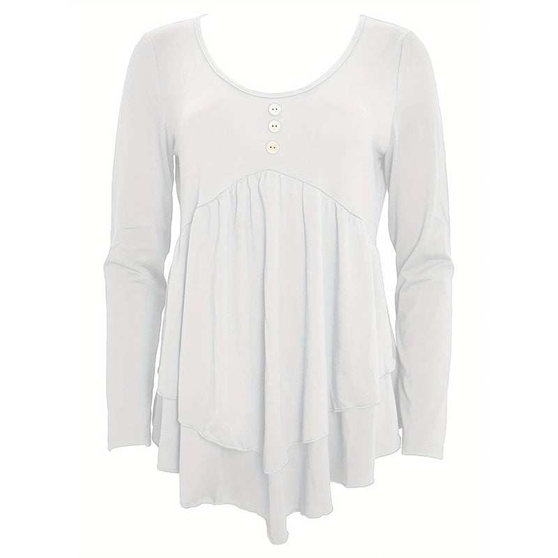 Womens Casual Long Sleeve T-Shirt Solid Color Round Neck Layered Button Front Tunic Tops