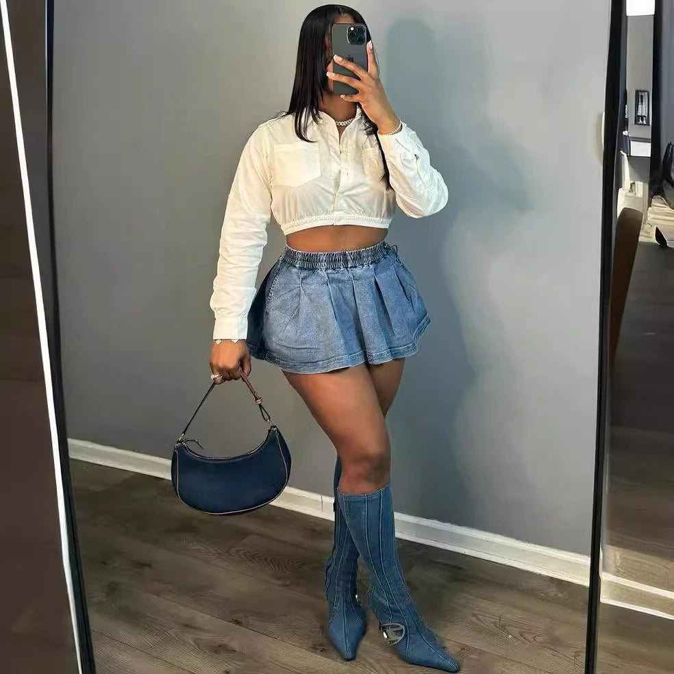 Ladies' High-waisted Denim Half ody Skirt. Summer's New Sexy Hot Girl Pleated and Elastic Waist Mini Half Body Denim Skirts