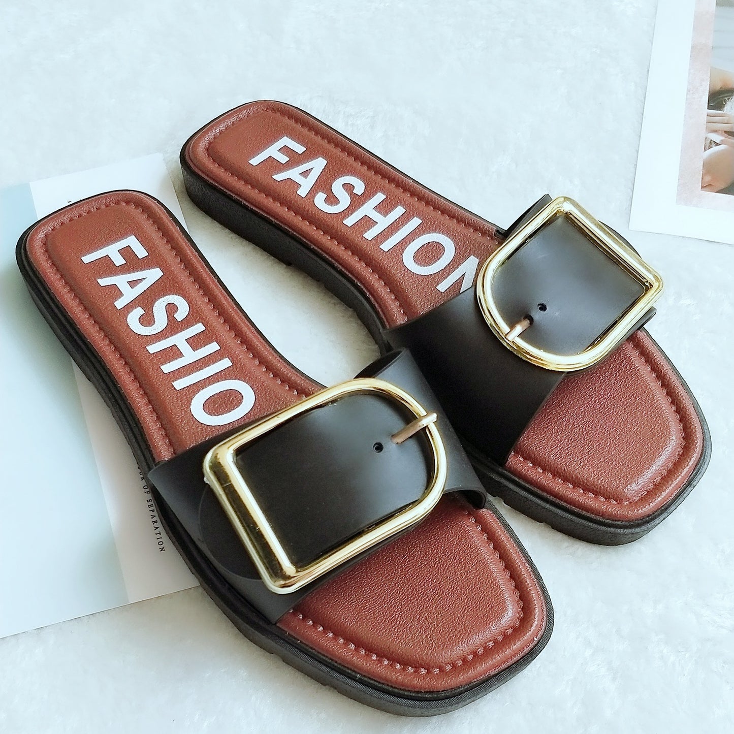 Fashion square buckle sandals and slippers
