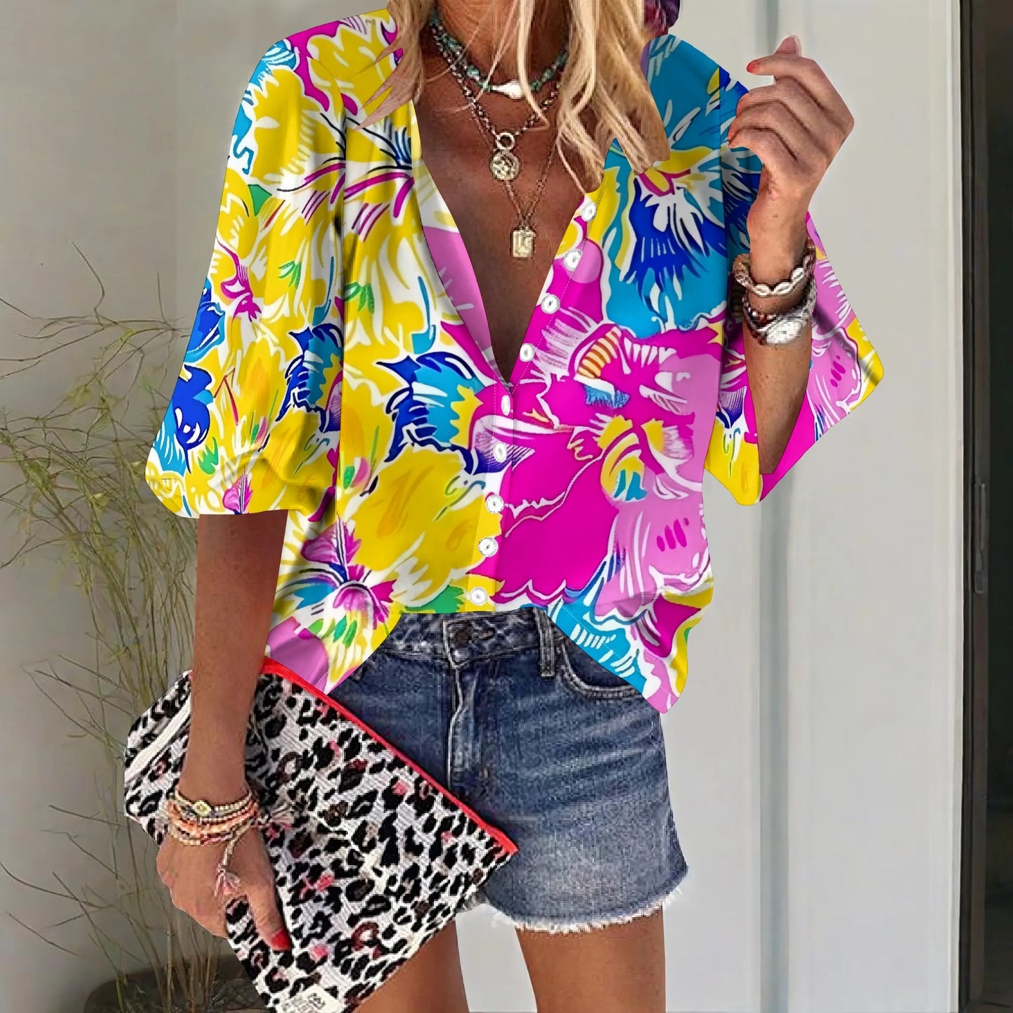 Women's Business Casual Neon Flowers Print Tops Summer 3/4 Sleeve Button Down Floral Shirts V Neck Blouses