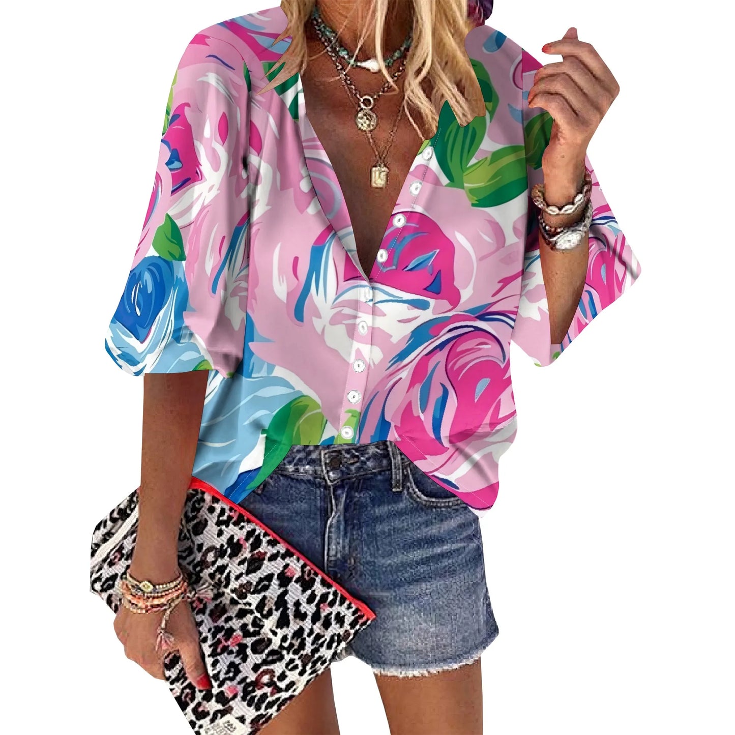 Womens Button Neon Flowers Graphics Shirt Short Sleeve Classic Collared Floral Tops Work Office Casual Blouse
