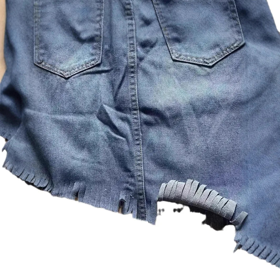 Irregular Fringed Denim Half Body Skirt.New Fashionable and Personalized Distressed A-line Denim Short Skirt for Women in Summer