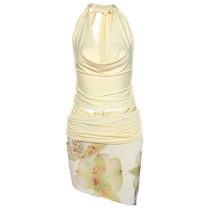 Vacation Beach 3 Piece Set Women Sexy Lace Up Halter Backless Tank Tops + Ruched Irregular Mini Skirts + Floral Print Mesh Skirt