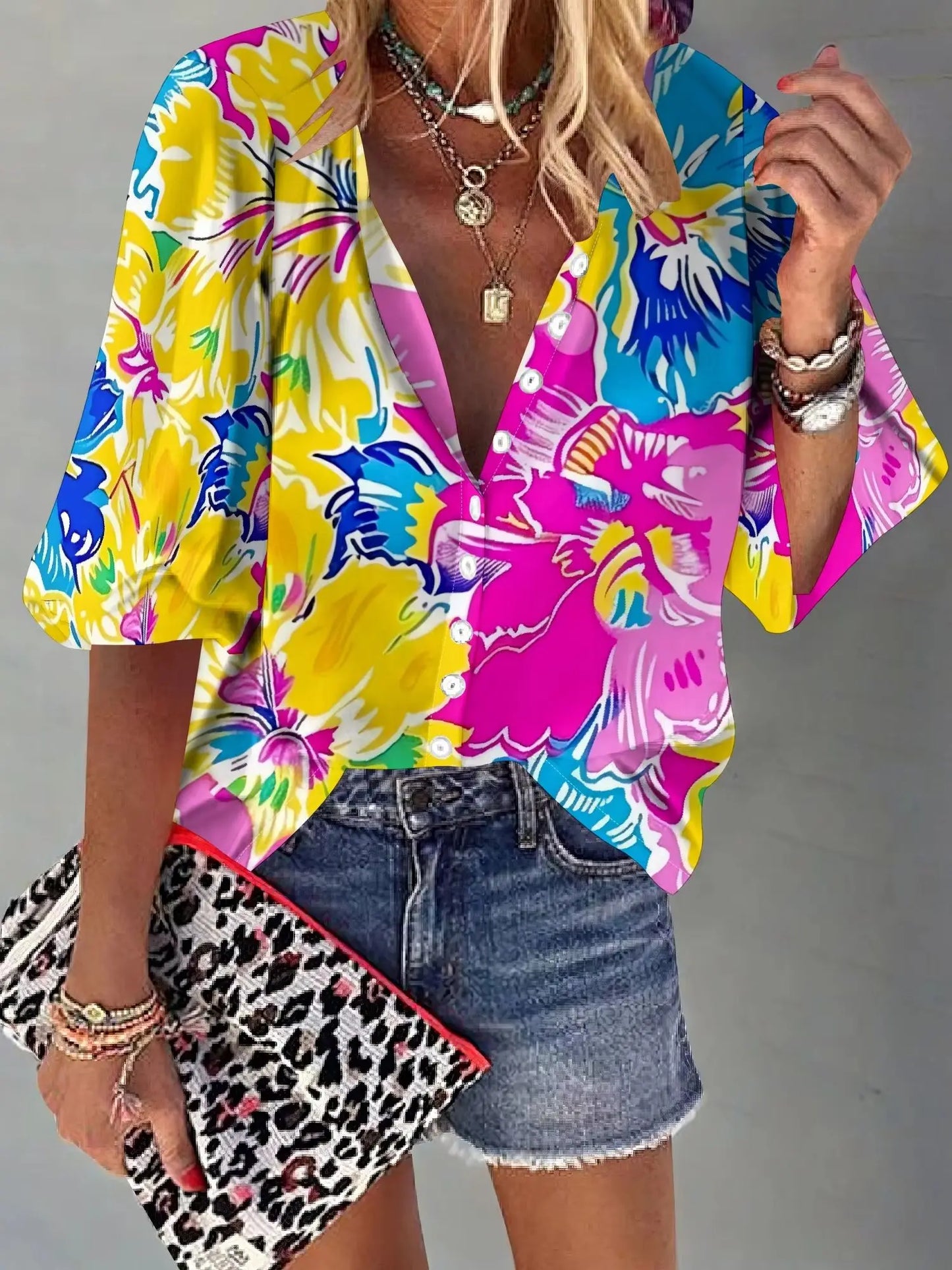 Women's Business Casual Neon Flowers Print Tops Summer 3/4 Sleeve Button Down Floral Shirts V Neck Blouses
