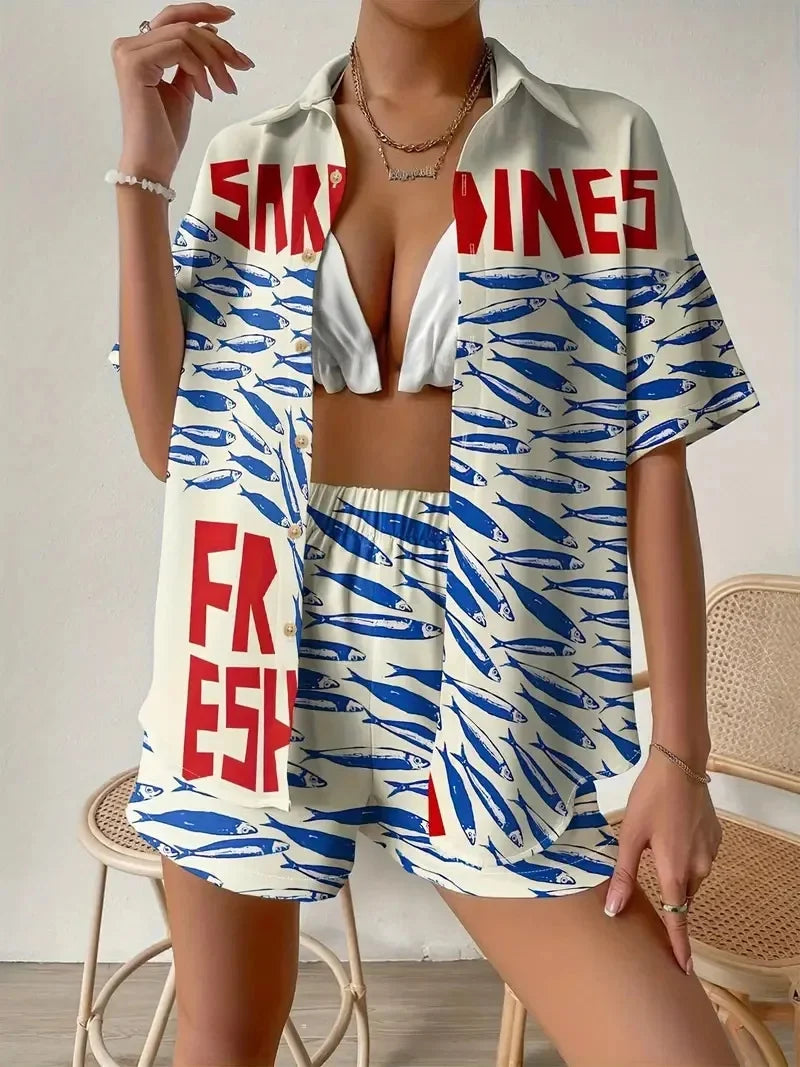Fashion Print Beach Holiday 2-Piece Set Women Summer Short Sleeve Shirt Top + Wide Legs Short Women's Oversized Two-Piece Outfit