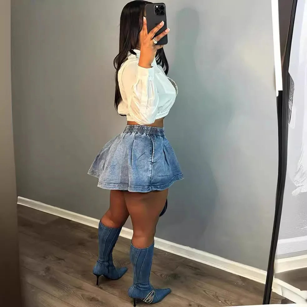 Ladies' High-waisted Denim Half ody Skirt. Summer's New Sexy Hot Girl Pleated and Elastic Waist Mini Half Body Denim Skirts