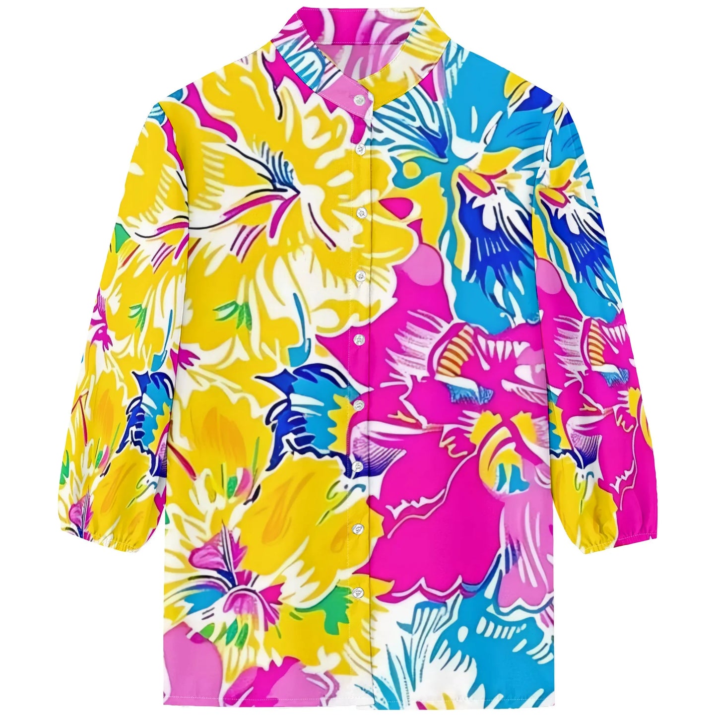 Women's Business Casual Neon Flowers Print Tops Summer 3/4 Sleeve Button Down Floral Shirts V Neck Blouses