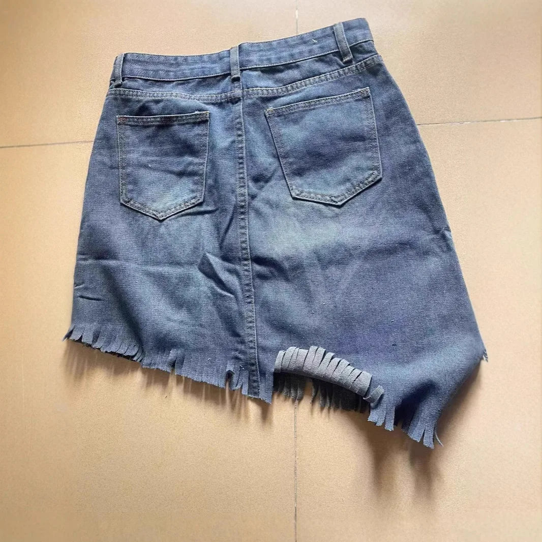 Irregular Fringed Denim Half Body Skirt.New Fashionable and Personalized Distressed A-line Denim Short Skirt for Women in Summer