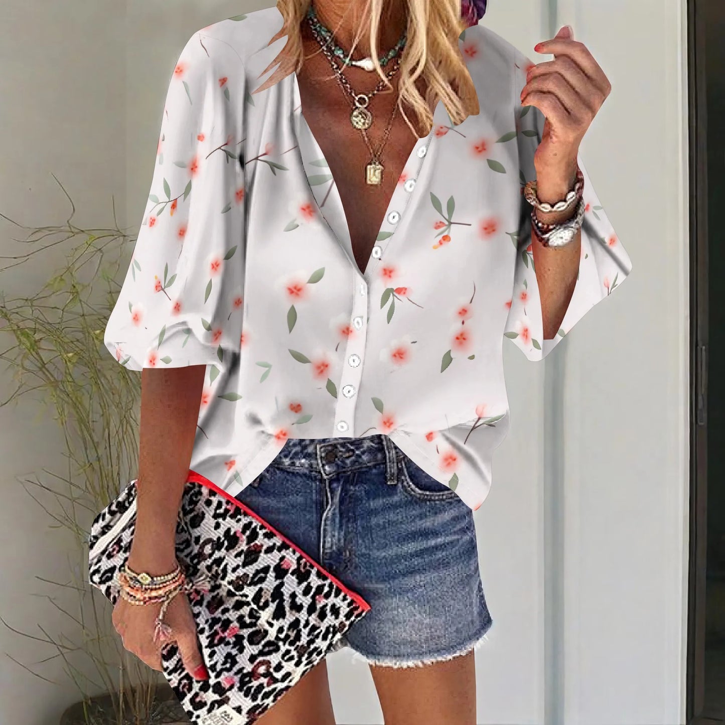 Womens Button Down Petite Pink Flower Patterns Shirts 3/4 Sleeve Dressy Casual Tops Pleated Business Floral Blouses 2025