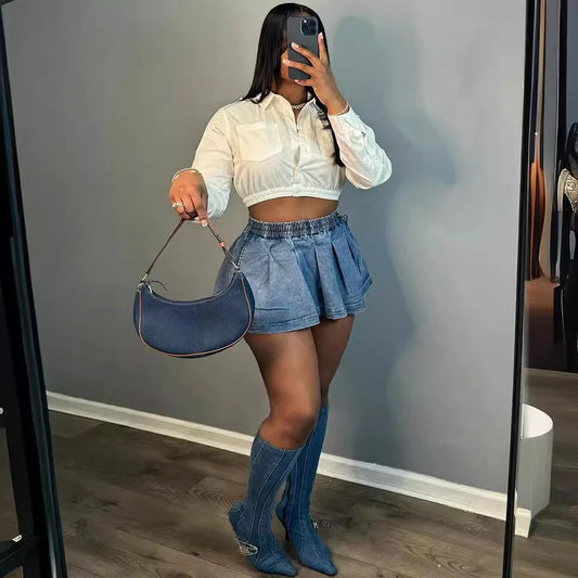 Ladies' High-waisted Denim Half ody Skirt. Summer's New Sexy Hot Girl Pleated and Elastic Waist Mini Half Body Denim Skirts
