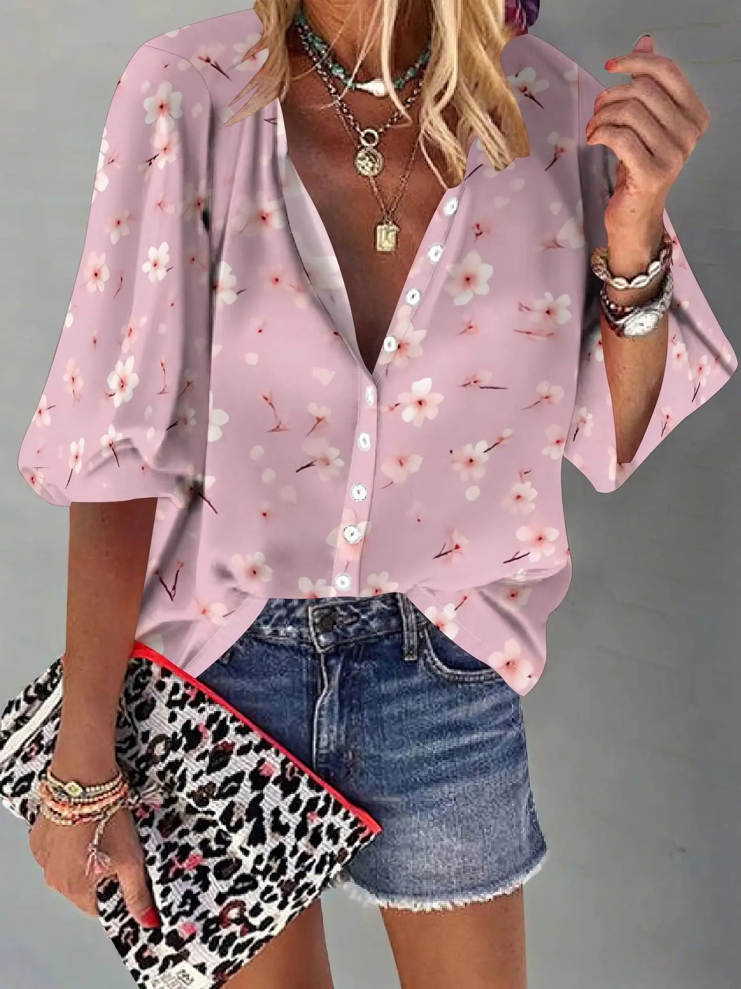Womens Summer Petite Pink Flower Graphics Blouse Casual Short Sleeve V Neck Shirt Loose Printed Cuffed Sleeve Flower Tops