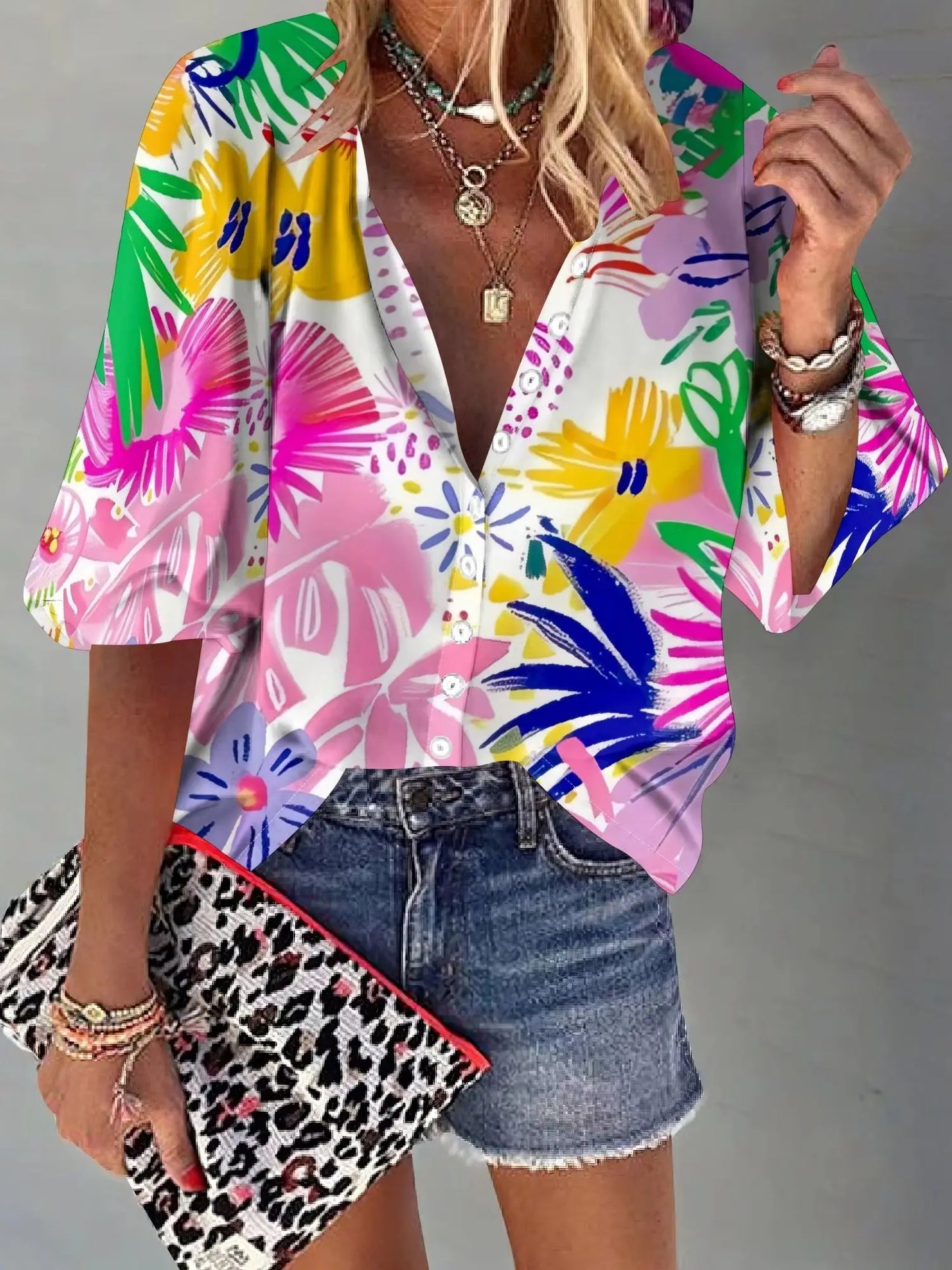 Womens Button Neon Flowers Graphics Shirt Short Sleeve Classic Collared Floral Tops Work Office Casual Blouse