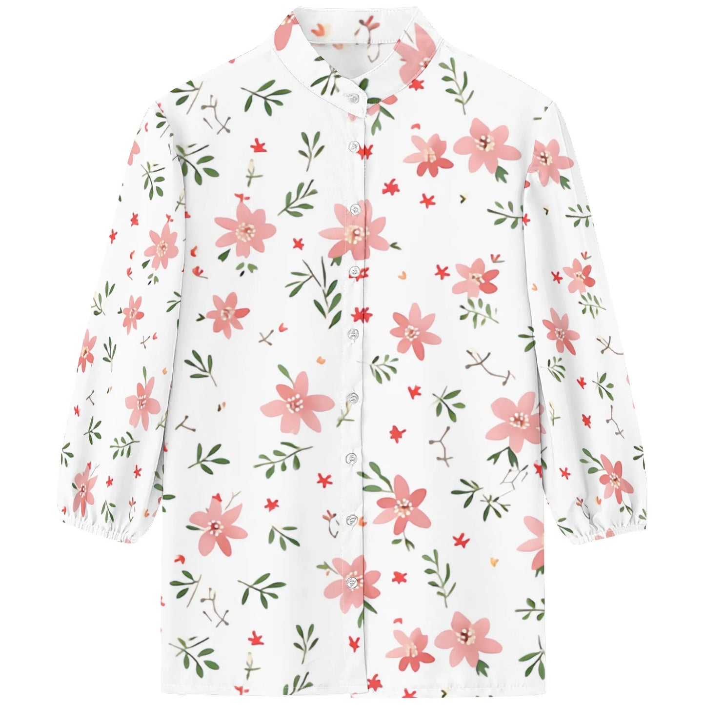 Womens Button Down Petite Pink Flower Patterns Shirts 3/4 Sleeve Dressy Casual Tops Pleated Business Floral Blouses 2025