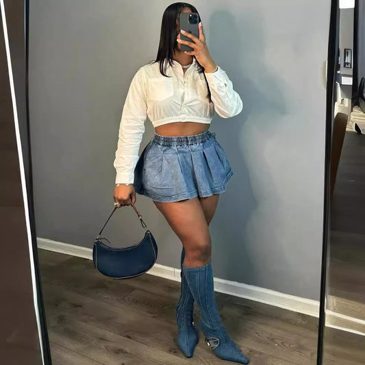 Ladies' High-waisted Denim Half ody Skirt. Summer's New Sexy Hot Girl Pleated and Elastic Waist Mini Half Body Denim Skirts