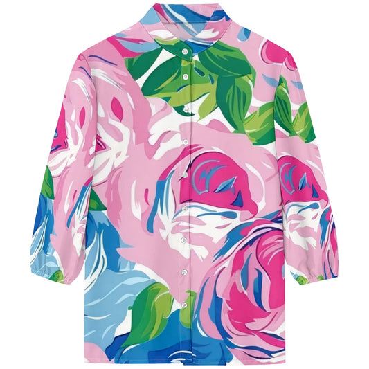 Womens Button Neon Flowers Graphics Shirt Short Sleeve Classic Collared Floral Tops Work Office Casual Blouse