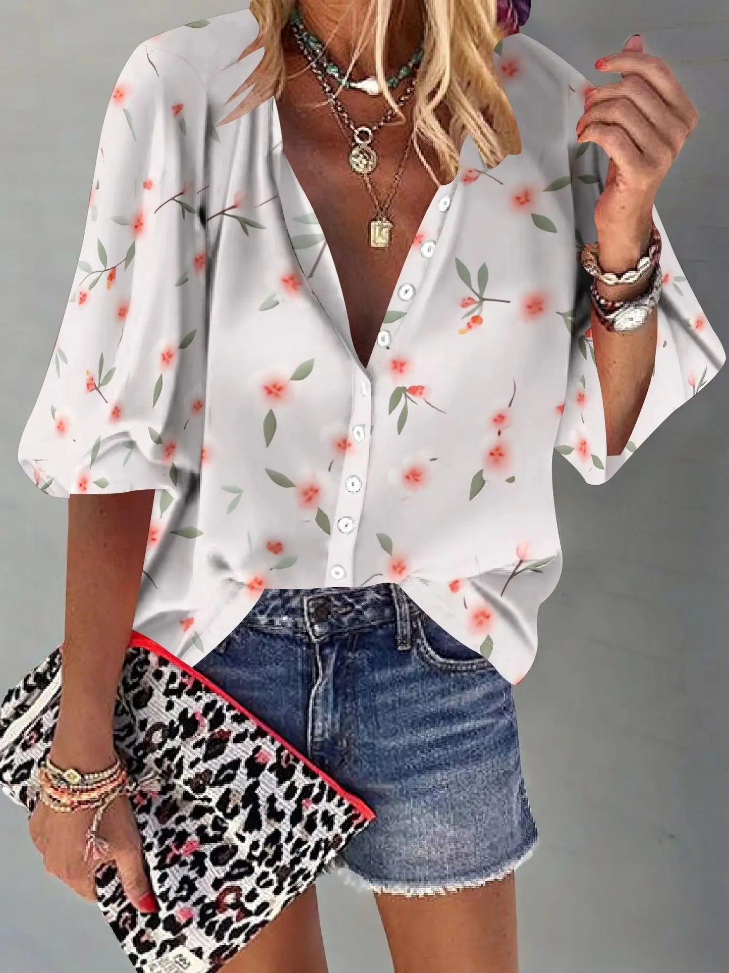Womens Button Down Petite Pink Flower Patterns Shirts 3/4 Sleeve Dressy Casual Tops Pleated Business Floral Blouses 2025