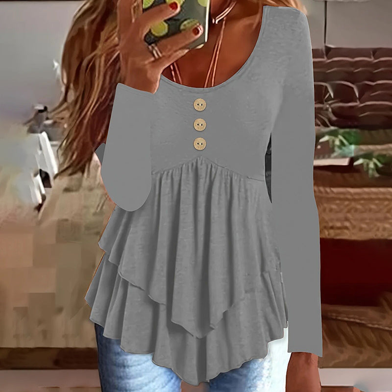 Womens Casual Long Sleeve T-Shirt Solid Color Round Neck Layered Button Front Tunic Tops