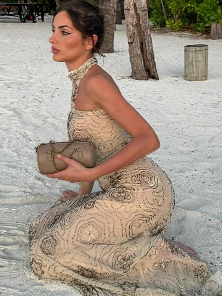Sexy Beaded Embroidery Halter Top Skirt Sets Women Slim Backless Vest Sequined Snowflake Skirts 2025 Summer Lady Beach Outfits
