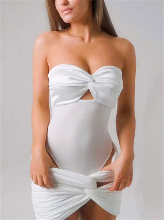 Tossy Summer Bandeau Jumpsuit 2 Piece-Set Female Hollow Out Wrap Skinny Backless Mini Skirt Sets Sexy Women's Rompers Outfits
