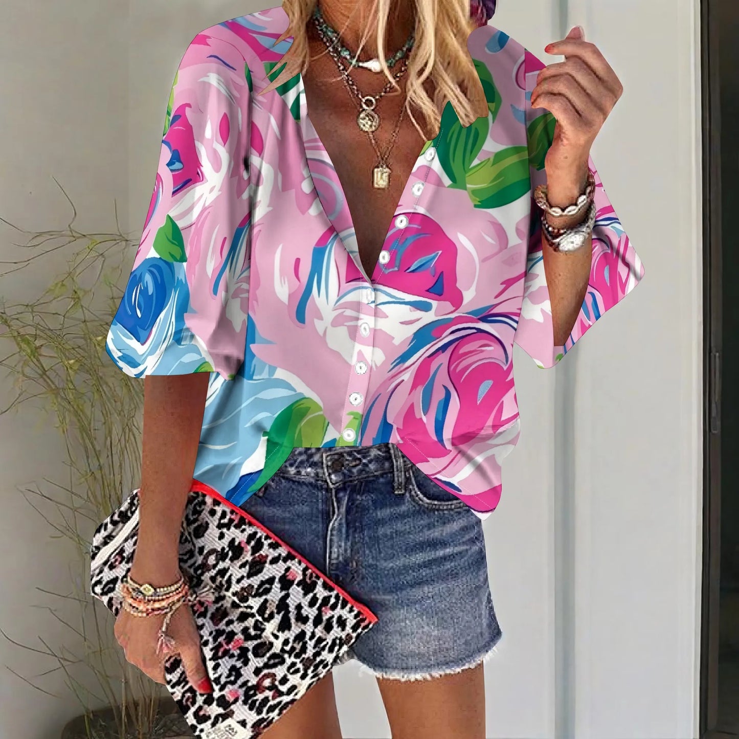 Womens Button Neon Flowers Graphics Shirt Short Sleeve Classic Collared Floral Tops Work Office Casual Blouse