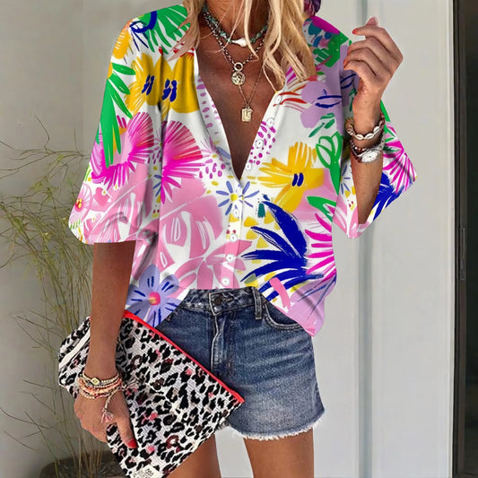 Womens Button Neon Flowers Graphics Shirt Short Sleeve Classic Collared Floral Tops Work Office Casual Blouse