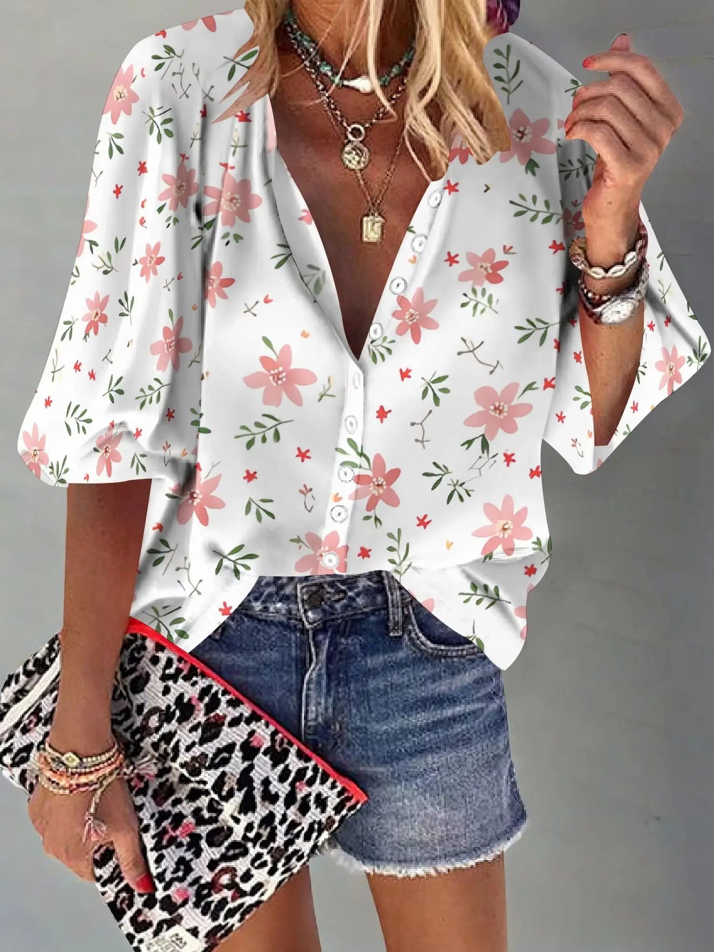 Womens Button Down Petite Pink Flower Patterns Shirts 3/4 Sleeve Dressy Casual Tops Pleated Business Floral Blouses 2025