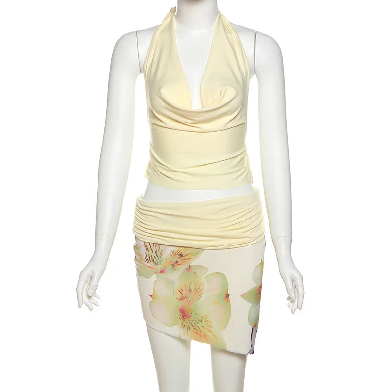 Vacation Beach 3 Piece Set Women Sexy Lace Up Halter Backless Tank Tops + Ruched Irregular Mini Skirts + Floral Print Mesh Skirt
