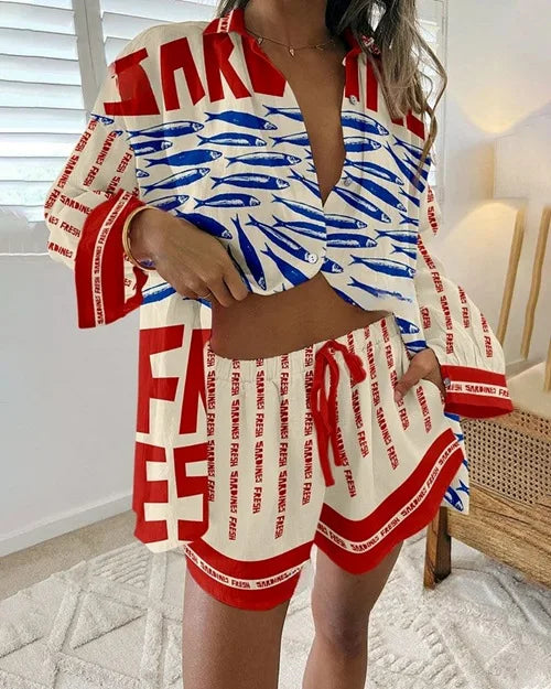 Fashion Print Beach Holiday 2-Piece Set Women Summer Short Sleeve Shirt Top + Wide Legs Short Women's Oversized Two-Piece Outfit