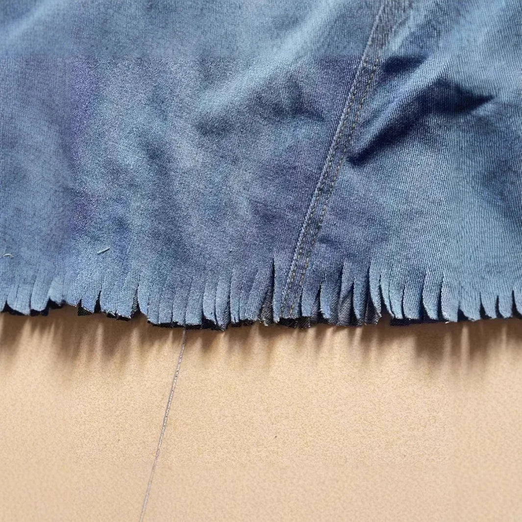 Irregular Fringed Denim Half Body Skirt.New Fashionable and Personalized Distressed A-line Denim Short Skirt for Women in Summer