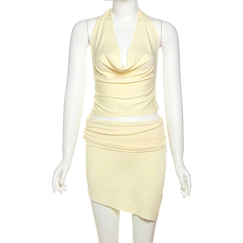 Vacation Beach 3 Piece Set Women Sexy Lace Up Halter Backless Tank Tops + Ruched Irregular Mini Skirts + Floral Print Mesh Skirt