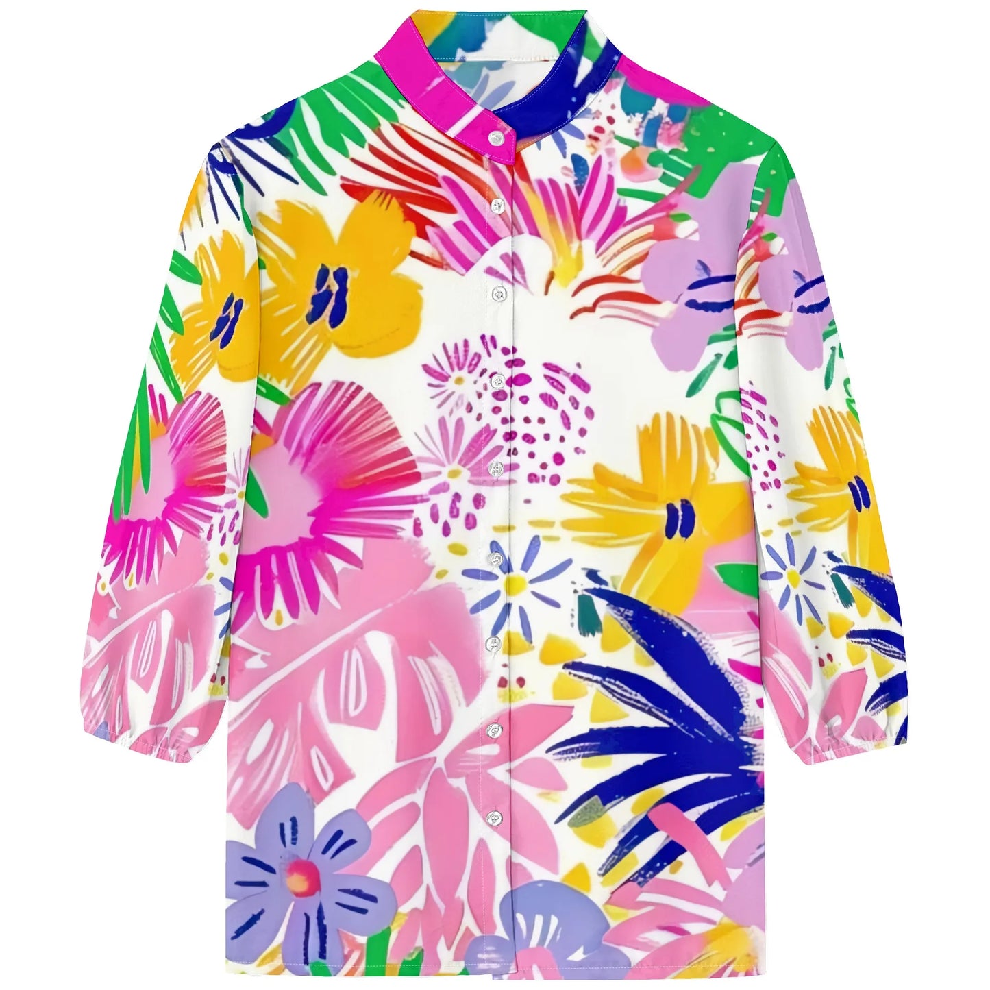 Womens Button Neon Flowers Graphics Shirt Short Sleeve Classic Collared Floral Tops Work Office Casual Blouse