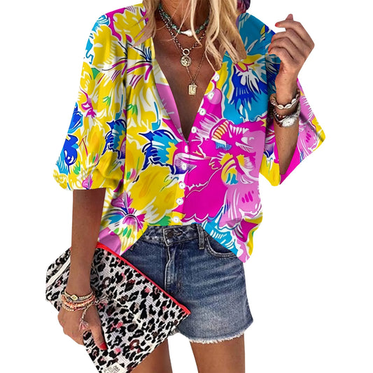 Women's Business Casual Neon Flowers Print Tops Summer 3/4 Sleeve Button Down Floral Shirts V Neck Blouses