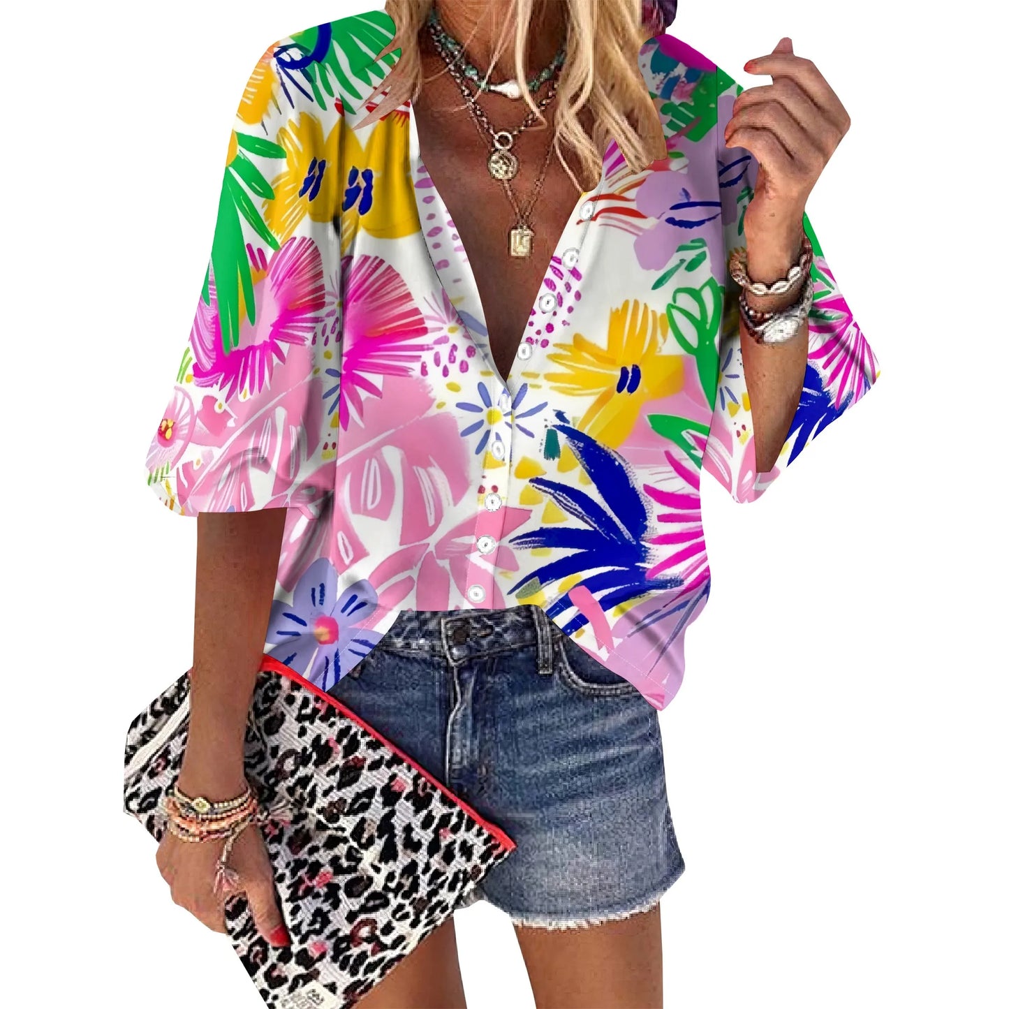 Womens Button Neon Flowers Graphics Shirt Short Sleeve Classic Collared Floral Tops Work Office Casual Blouse