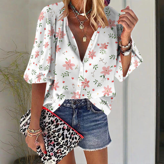 Womens Button Down Petite Pink Flower Patterns Shirts 3/4 Sleeve Dressy Casual Tops Pleated Business Floral Blouses 2025
