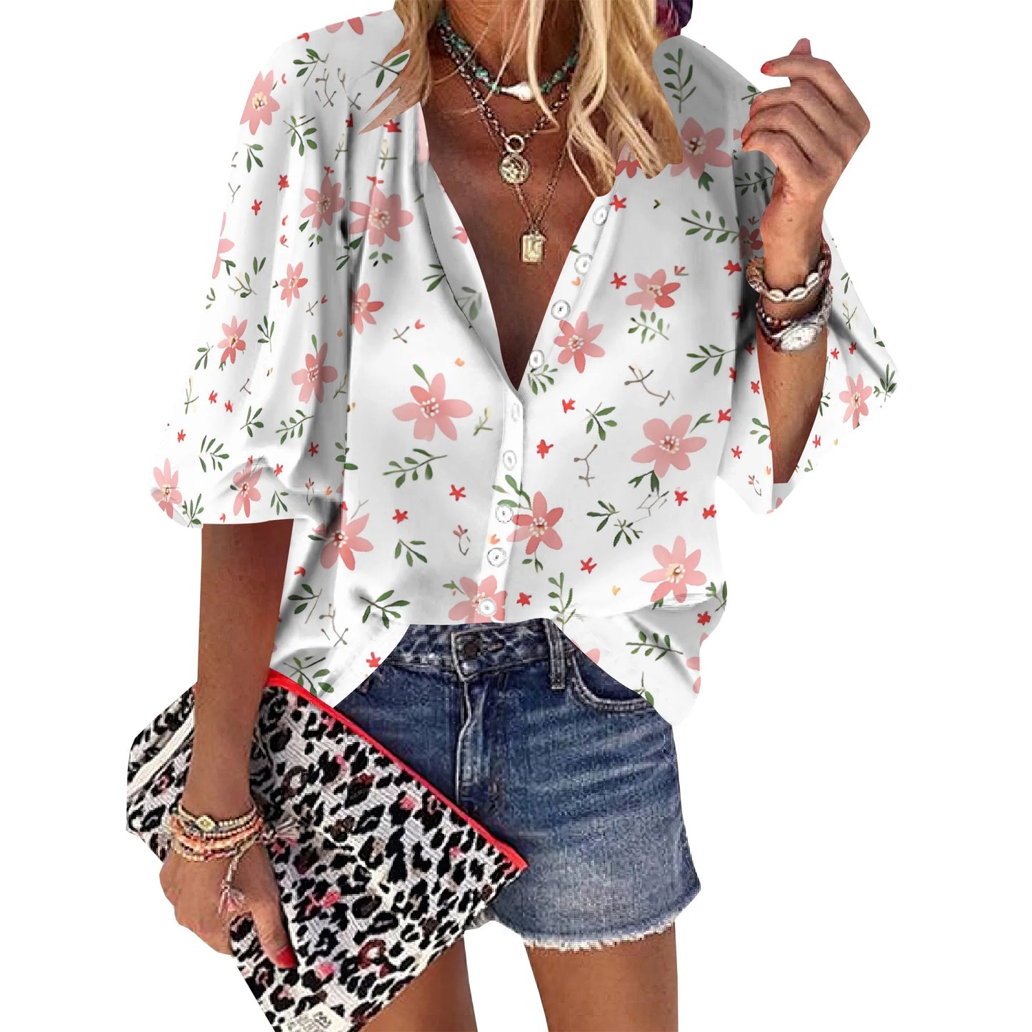 Womens Button Down Petite Pink Flower Patterns Shirts 3/4 Sleeve Dressy Casual Tops Pleated Business Floral Blouses 2025