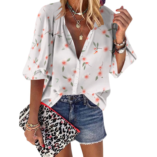 Womens Button Down Petite Pink Flower Patterns Shirts 3/4 Sleeve Dressy Casual Tops Pleated Business Floral Blouses 2025